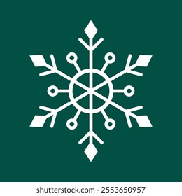 Abstract geometric snowflake winter icon on a bottle green background.