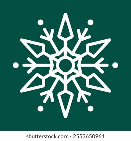 Abstract geometric snowflake winter icon on a bottle green background.