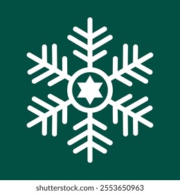 Abstract geometric snowflake winter icon on a bottle green background.