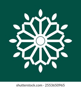 Abstract geometric snowflake winter icon on a bottle green background.