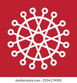 Abstract geometric snowflake winter icon on a red background.