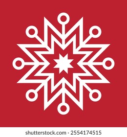 Abstract geometric snowflake winter icon on a red background.