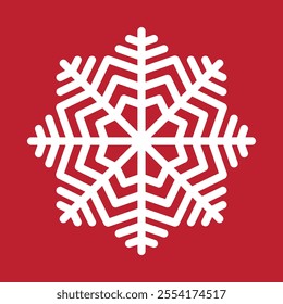 Abstract geometric snowflake winter icon on a red background.