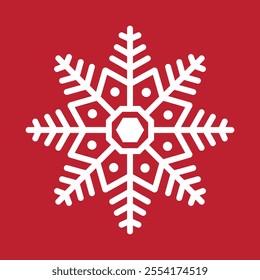 Abstract geometric snowflake winter icon on a red background.