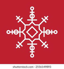 Abstract geometric snowflake winter icon on a gentle pastel red background.