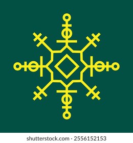 Abstract geometric snowflake winter icon on a deep bottle green background.