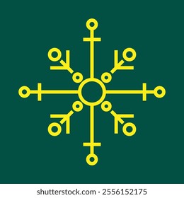 Abstract geometric snowflake winter icon on a deep bottle green background.