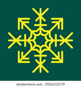 Abstract geometric snowflake winter icon on a deep bottle green background.
