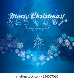 Abstract geometric snowflakes on a background of congratulations.New Year card illustration.Holiday design. Winter. Backdrop. Retro pattern of geometric shapes. Hipster background.