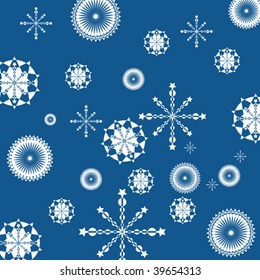 Abstract geometric snowflakes on clear blue background