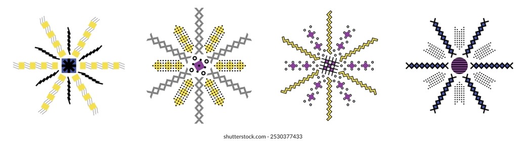 Abstrakte geometrische Schneeflocken, Winterelemente für Design, kreisgeometrische Formen, Vektorhintergründe