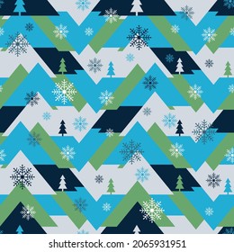 Abstract geometric snowy landscape with hills, pine trees and snow flakes. Holiday seamless vector illustration in winter colours. Great for Christmas wrapping paper, greeting cards and gift boxes.
