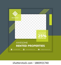 Abstract Geometric Social Media Post Banner Template Design With Headline Is Awesome Rented Properties. Square Layout With Green Element And Grey Background. Rectangle Shape For Photo Space.