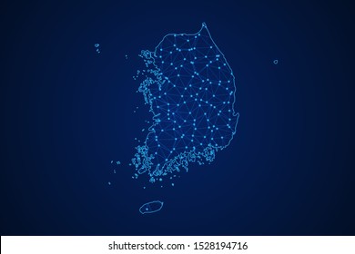 Abstract geometric of South Korea map polygonal line, structure and point scales on blue dark background with lights and dots. Vector illustration eps 10.