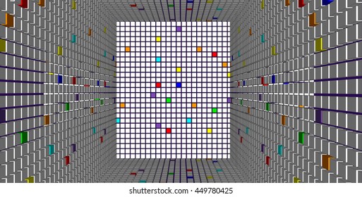 Abstract geometric space with colored buttons 3d background. Vector illustration.