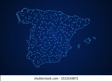 Abstract geometric of Spain map polygonal line, structure and point scales on blue dark background with lights and dots. Vector illustration eps 10.