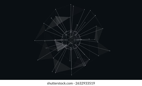 Abstract geometric sphere design with a spiral of triangles and scattered dots, artistically arranged in a bright layout on a dark background. vector