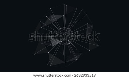Abstract geometric sphere design with a spiral of triangles and scattered dots, artistically arranged in a bright layout on a dark background. vector