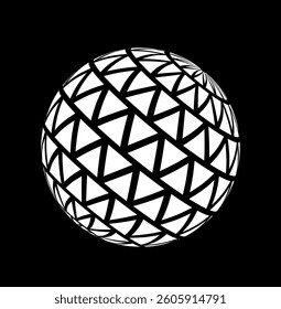 Abstract geometric sphere formed by intersecting black triangle lines on a white surface, set against a solid black background. Concept of modern design. Vector illustration