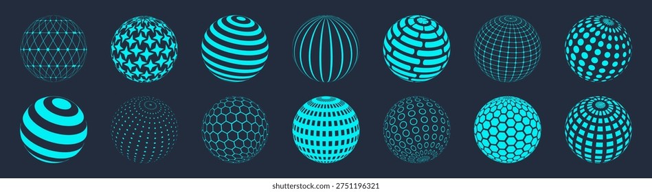 Abstract geometric sphere icons collection. Futuristic globe shapes made from lines, grids, hexagons and dots. Technology themed vector elements