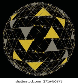 Abstract geometric sphere with intricate network of lines, dots, and contrasting gold and grey triangles, symbolizing global connections, data, and technology