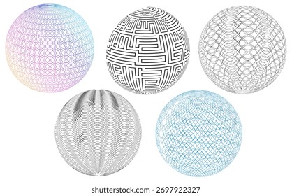 Esferas geométricas Abstractas con arte lineal y malla degradada. Elementos de diseño 3D modernos para imágenes de tecnología, datos digitales, conceptos y fondos mínimos. Perfecto para la innovación y la creatividad