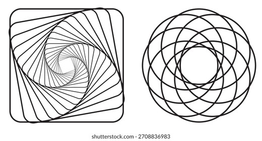 Abstractas diseño geométrico en espiral creado con líneas redondeadas giratorias que forman un patrón hipnótico. Arte minimalista en blanco y negro adecuado para fondos, carteles y proyectos gráficos modernos.