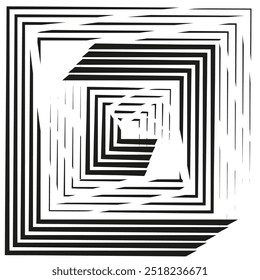 Abstract geometric spiral pattern illustration. Black and white distorted squares forming a dynamic, layered effect.