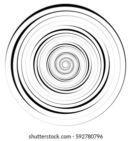 Abstract geometric spiral, ripple element with circular, concentric lines. Abstract monochrome element