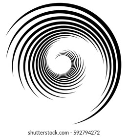 Abstract geometric spiral, ripple element with circular, concentric lines. Abstract monochrome element