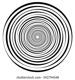 Abstract geometric spiral, ripple element with circular, concentric lines. Abstract monochrome element