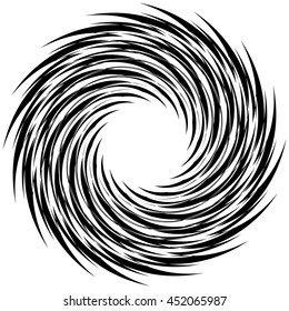 Abstract geometric spiral shape. Rotating, swirling radial element isolated on white. Monochrome, black and white abstract vector illustration.