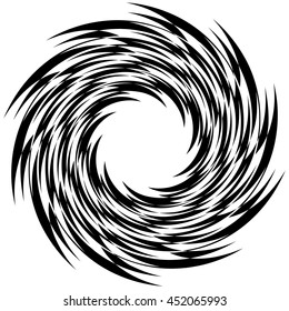 Abstract geometric spiral shape. Rotating, swirling radial element isolated on white. Monochrome, black and white abstract vector illustration.