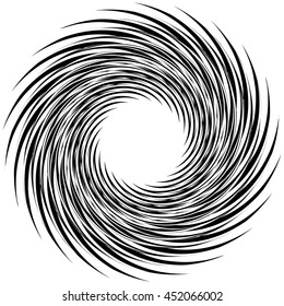 Abstract geometric spiral shape. Rotating, swirling radial element isolated on white. Monochrome, black and white abstract vector illustration.