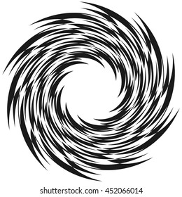 Abstract geometric spiral shape. Rotating, swirling radial element isolated on white. Monochrome, black and white abstract vector illustration.