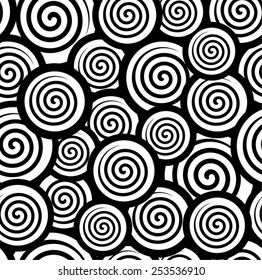 Abstract geometric spirals black and white seamless pattern