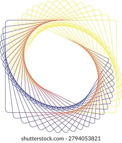 Abstract geometric spirograph design with colorful gradient lines on a dark background. This vector-style digital art features a mesmerizing circular pattern created with smooth, overlapping geometric paths in yellow, orange, purple, and blue gradients. Perfect for modern backgrounds, tech concepts, creative identity, wallpaper, and abstract design projects.