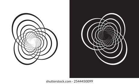 colección de arte de línea espiral de espirografía geométrica Abstractas. Ilusión óptica en blanco y negro, elemento estético de diseño de arte. Arte vectorial plano