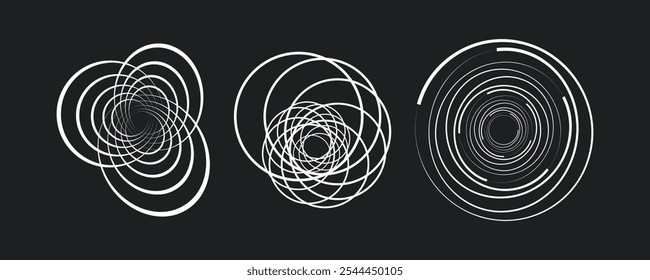 colección de arte de línea espiral de espirografía geométrica Abstractas. Ilusión óptica en blanco y negro, elemento estético de diseño de arte. Arte vectorial plano