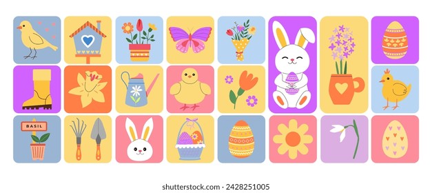 Abstract geometric spring, gardening, Easter. Colorful Easter bunny, chicks, eggs, flowers, garden tools. Eggs hunt. Playful stickers, tags, tiles, mosaic. Main spring symbols in colorful blocks.