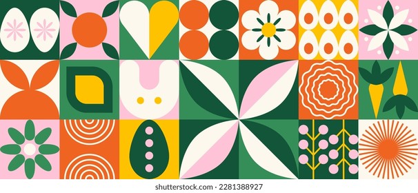 Abstract geometric spring pattern. Natural flower plants eggs simple shape, Easter ornament bauhaus style. Vector art