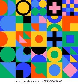 Abstract geometric square background. Seamless pattern with colorful bauhaus shapes and forms. Contemporary retro style