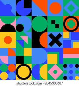 Abstract geometric square background. Seamless pattern with colorful bauhaus shapes and forms. Contemporary retro style