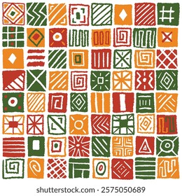 Abstract geometric square block tiles pattern with simple geometric lines and shapes. African ethnic print, wallpaper, background design for Black History Month, Juneteenth, Kwanzaa