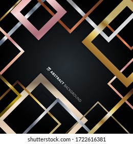 Abstract geometric square border pattern golden, silver, pink gold metallic overlapping on black background. Luxury style. Vector illustration