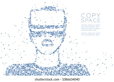 Abstract Geometric Square box pixel pattern Man wearing VR headset (virtual reality) shape design blue color illustration on white background with copy space, vector eps 10
