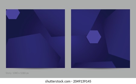 Abstract geometric square flyer with deep gradient and vanishing geometric shapes. Modern template for social media banner. Contemporary material design with paper cut out realistic shadow.