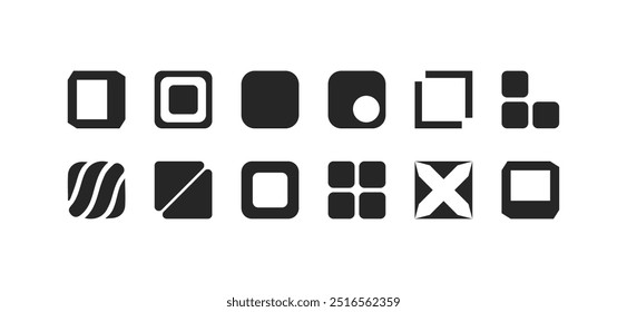 Abstract geometric square icons in a modern vector set, offering creative shapes and illustrations perfect for bold, stylish, and innovative design projects and visual art.