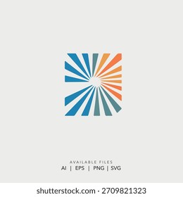 Abstract geometric square logo with blue and orange sunburst rays, Modern corporate technology icon