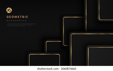 Abstract geometric square overlap layered on black background with luxury golden line elements. Modern futuristic design. Can use for cover template, poster, banner web, Print ad. Vector illustration.